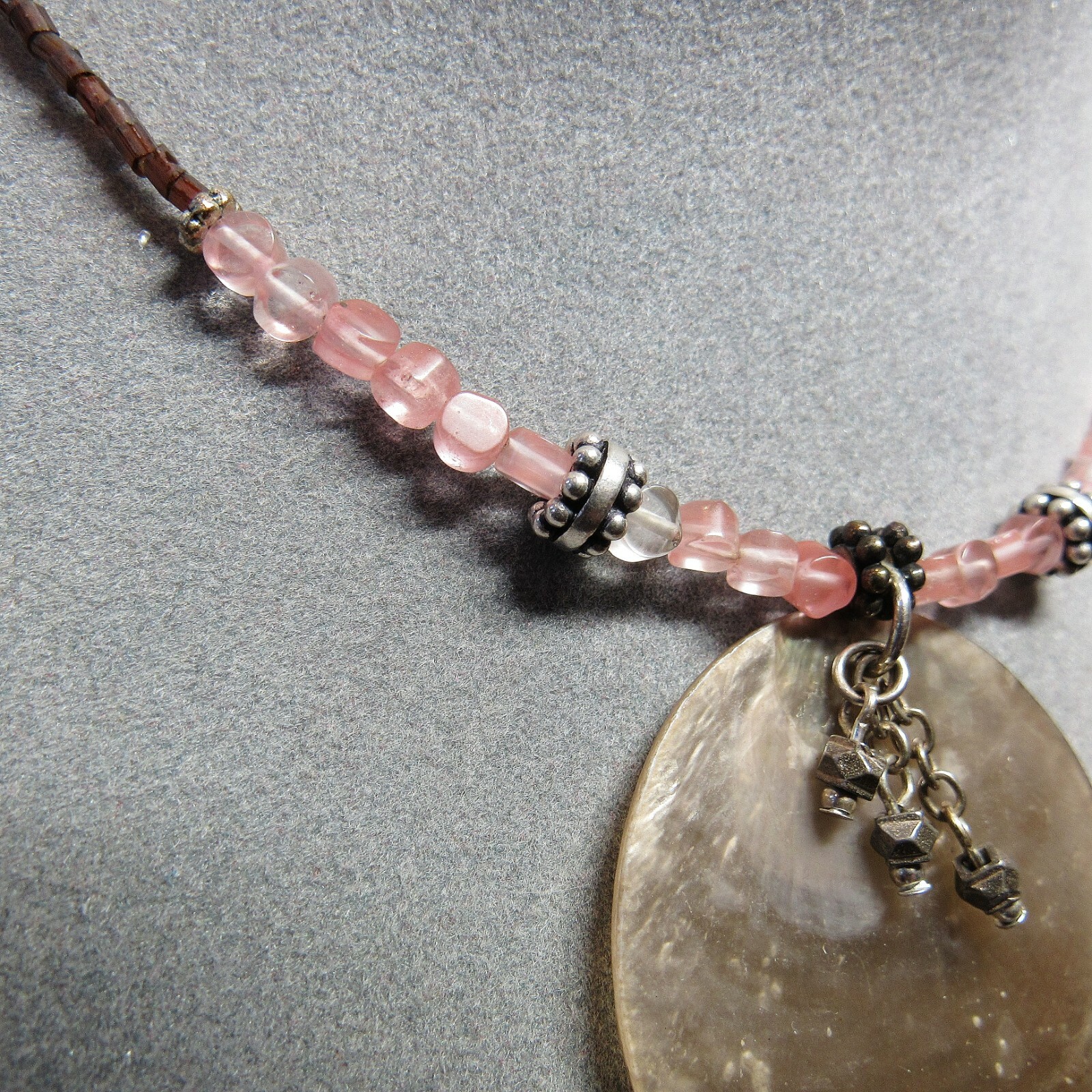Sterling 925 Silver Adjustable Length Stone Shell Pink Tribal Beach Necklace