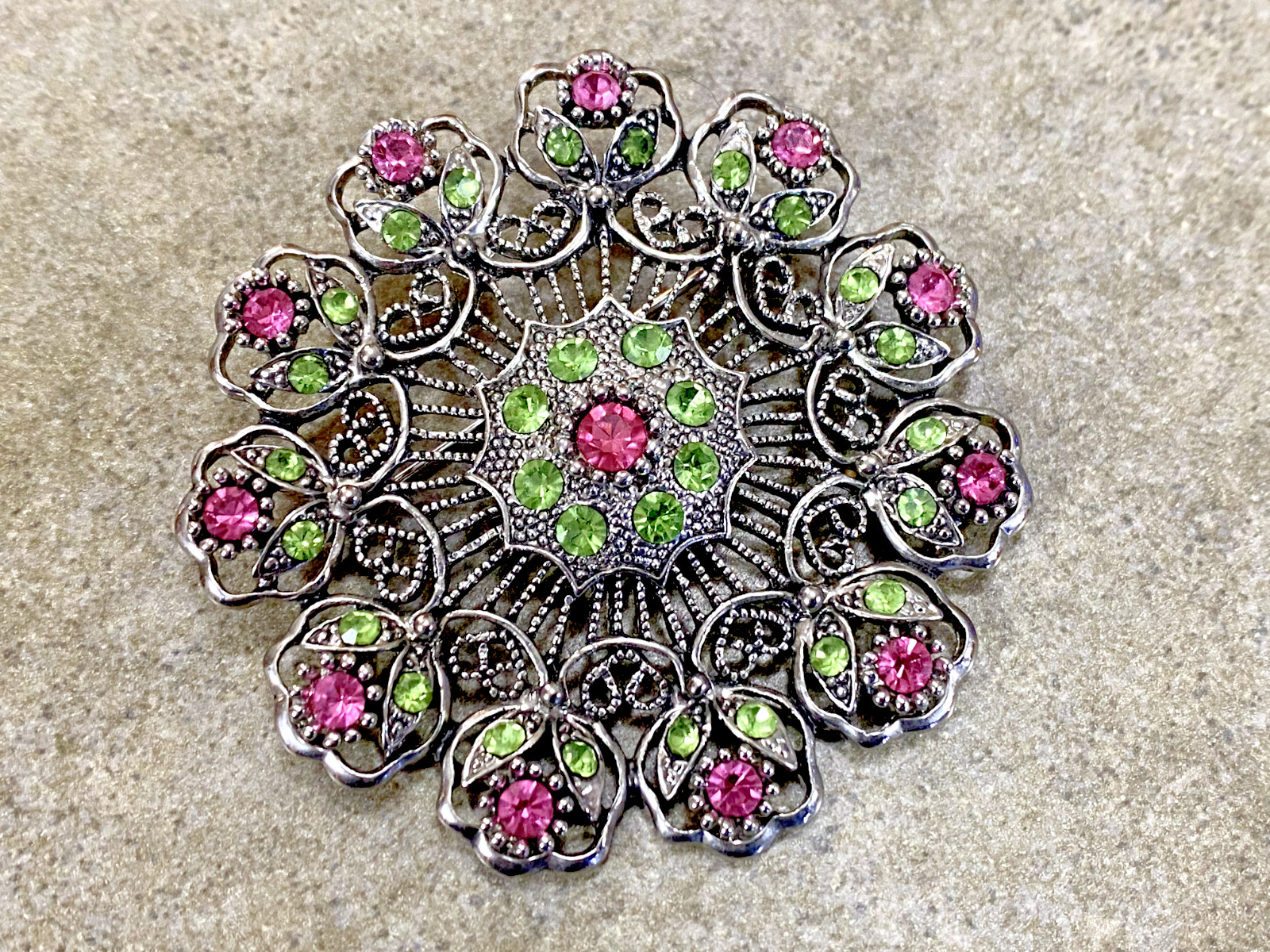 Stunning, Colorful, Rhodium-Plated Flowers Pin Brooch Solid Vintage Estate OLD