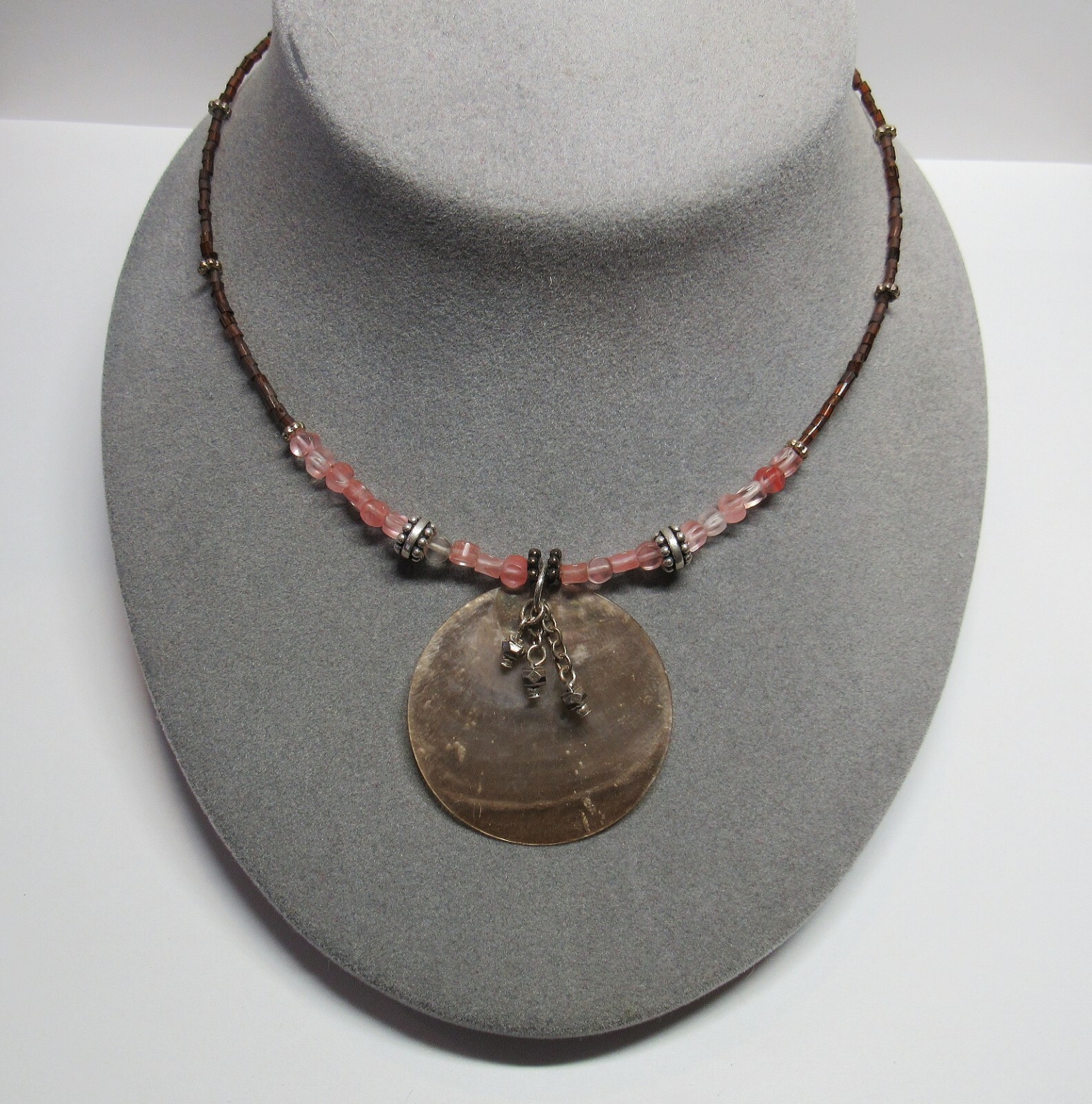 Sterling 925 Silver Adjustable Length Stone Shell Pink Tribal Beach Necklace