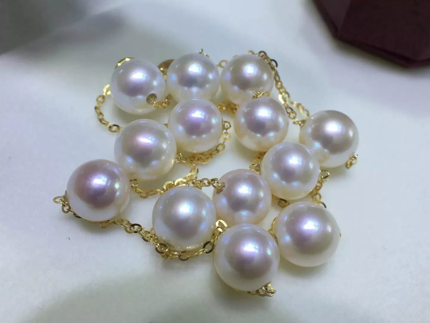 AAA 7-8 mm natural round genuine white pearl necklace 18K yellow gold
