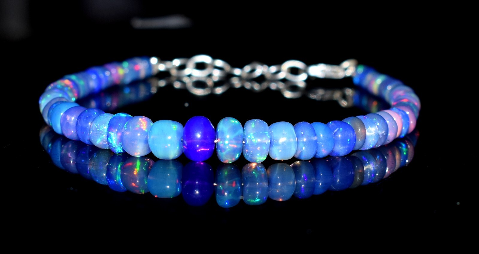 Solid 925 Sterling Silver Natural Ethiopian Opal Fire Opal Beads 7.5″Bracelet
