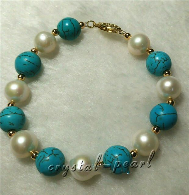 turquoise 7.5-8″ AAA SOUTH SEA NATURAL White PEARL BRACELET 14K GOLD CLASP