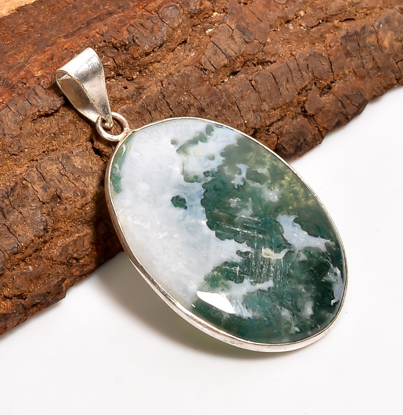 Trendy 925 Sterling Silver Jewelry Natural Moss Agate Large Gemstone Pendant 2″