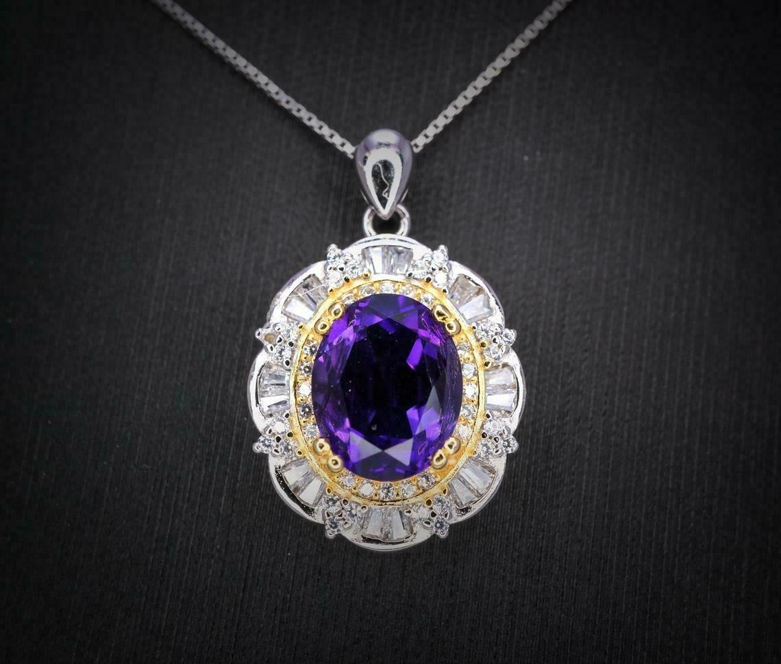 1.50 Ct Oval Cut Amethyst Diamond Halo Pendant 14K White Gold Finish Free Chain