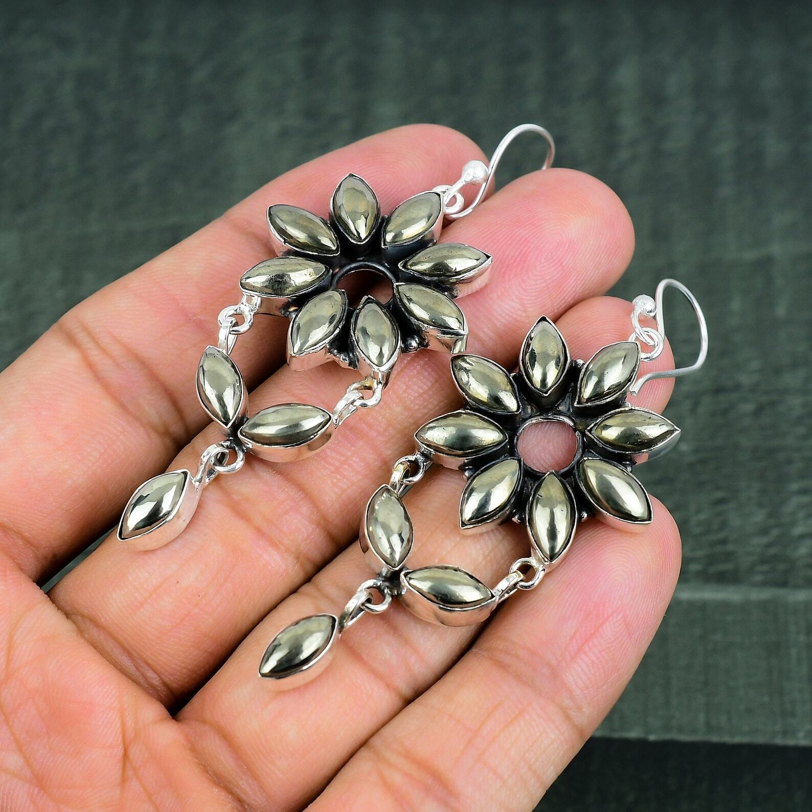 Golden Apache Pyrite Gemstone Handmade 925 Sterling Silver Earrings Jewelry