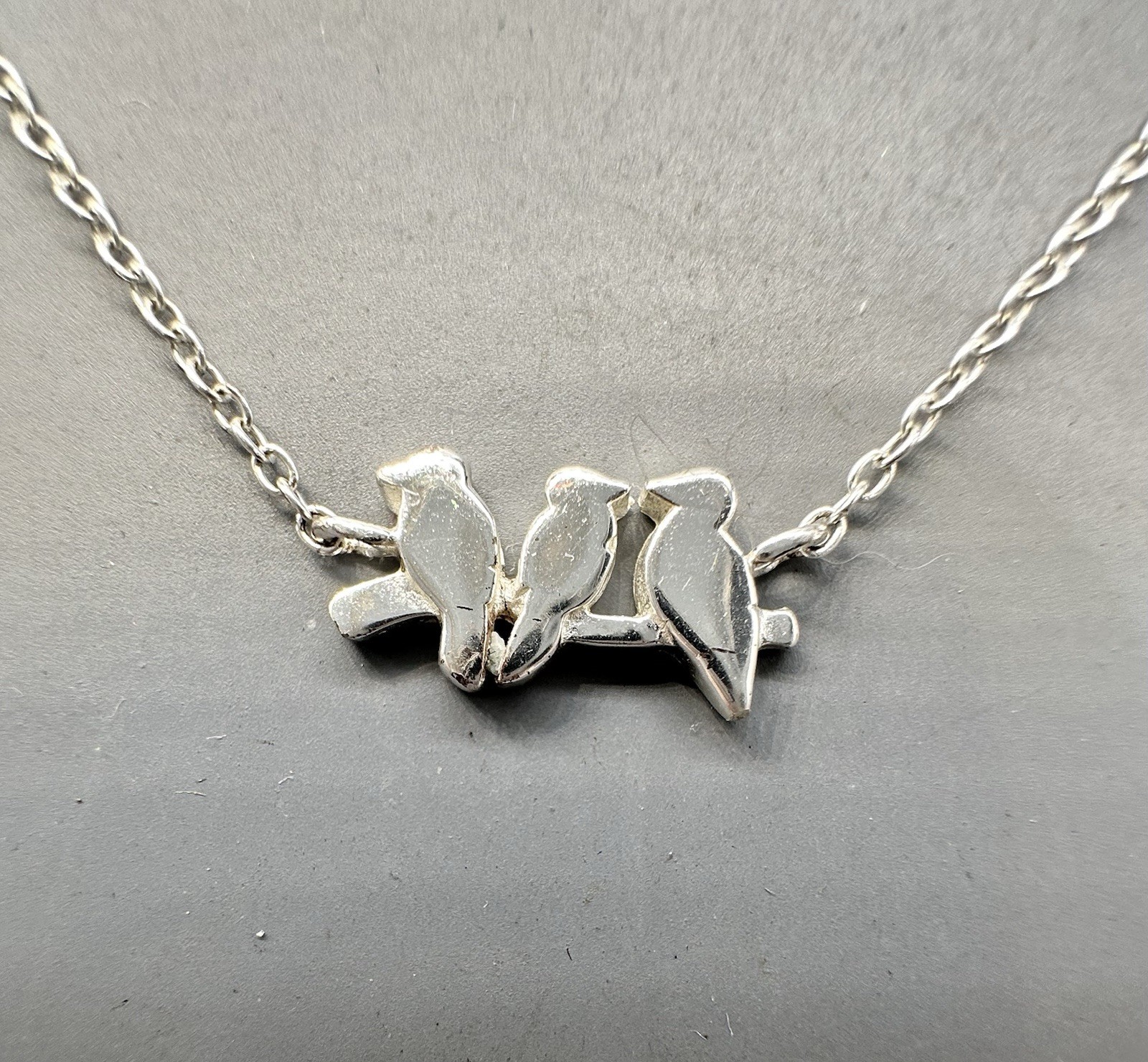 Silver 925 LA Three Little Birds On A Branch Dainty Adjustable Chain Necklace