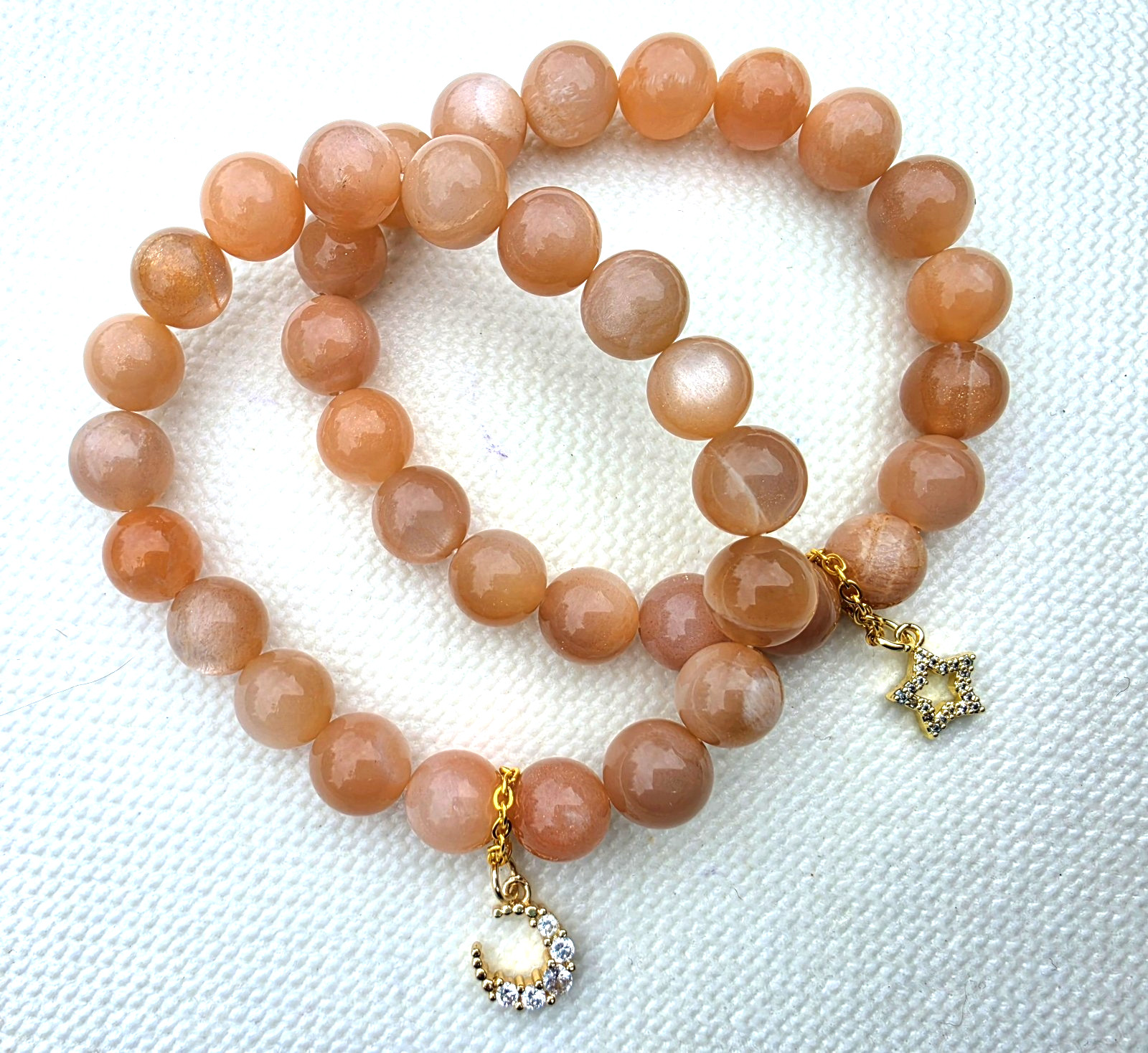 Natural Flash Peach Moonstone Bracelet Set Star And Moon Charm Celestial Stack