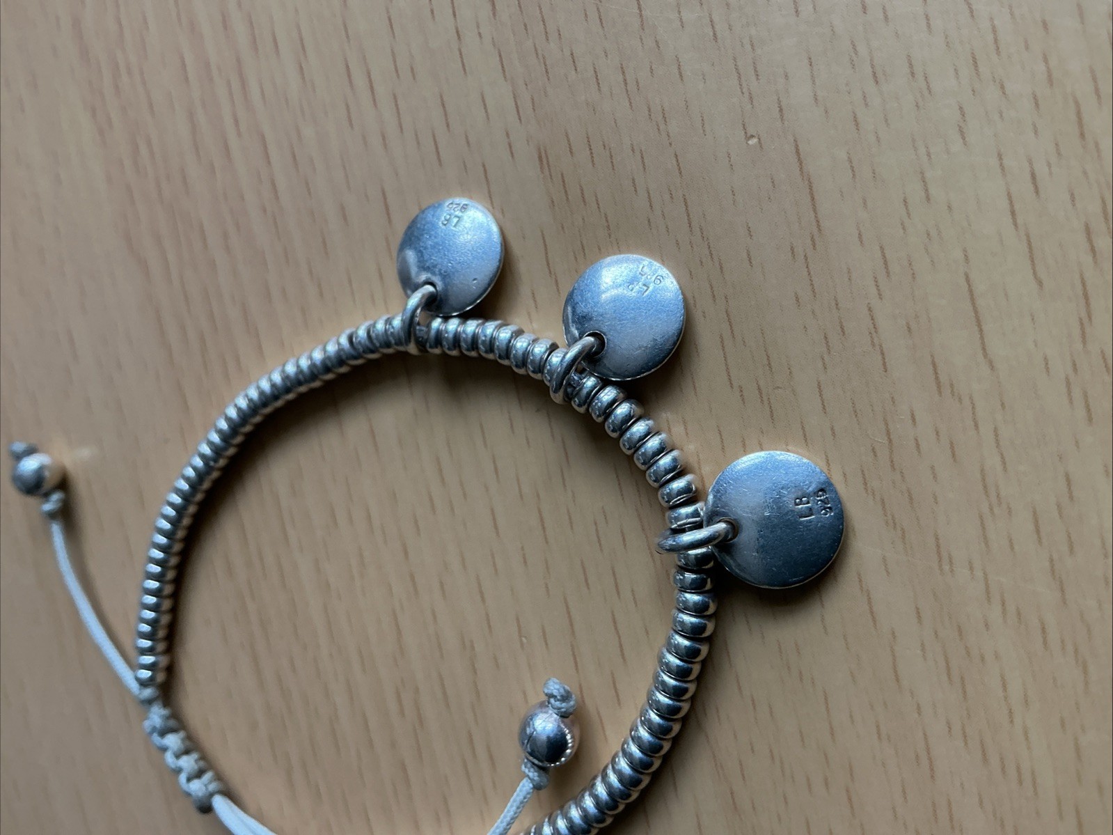 925 Silver Unusual Silver Ball / Tags Slider Bracelet/ Signed LB / One Size/ 10g