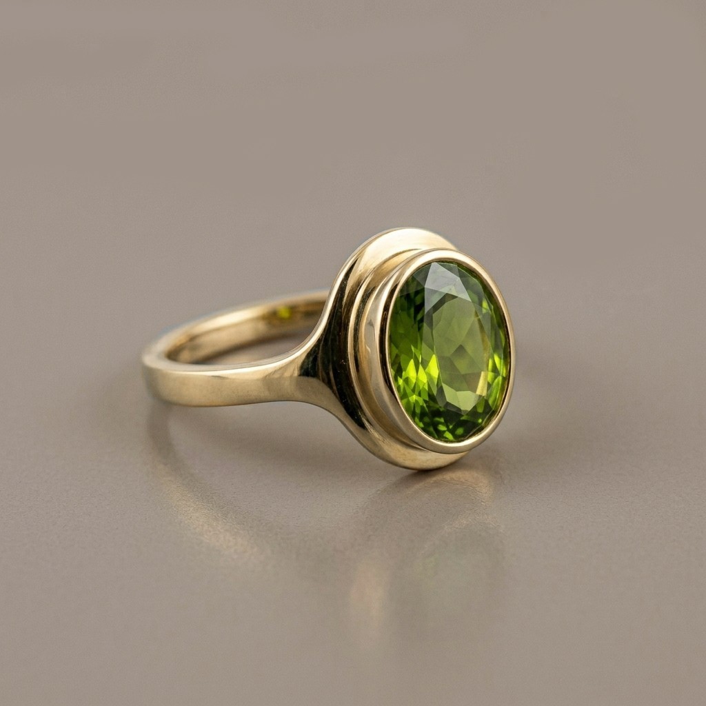 Oval Peridot 2.5ct Solid Gold 14K Bezel Engagement Ring August Statement Signet