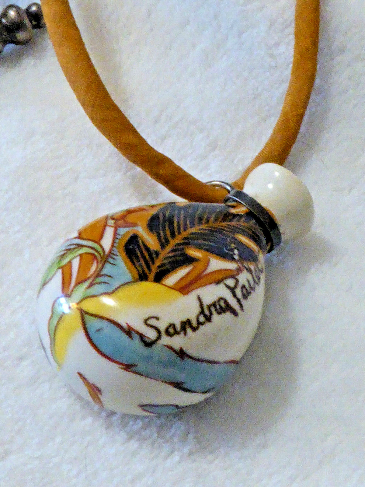Artisan painted porcelain 70s vase necklace pendant Sandra Pailet