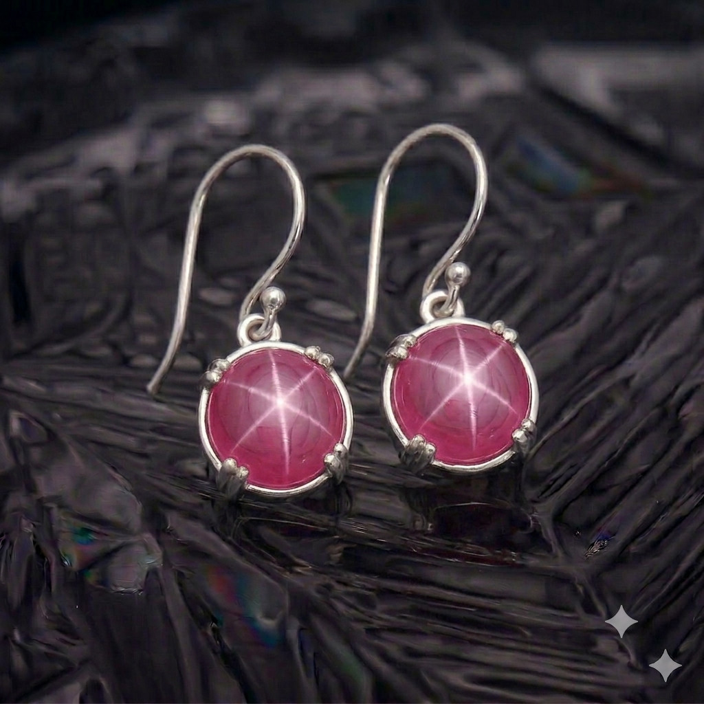 6 Ray Pink Star Sapphire Gemstone Earring 925 Sterling Silver Women Earring