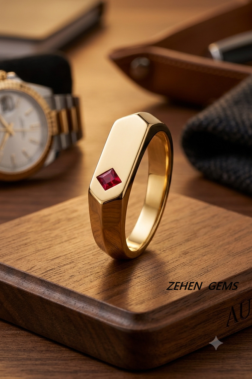 Lab created Ruby Signet Ring Men 925 Sterling Silver Gold Plated Ring