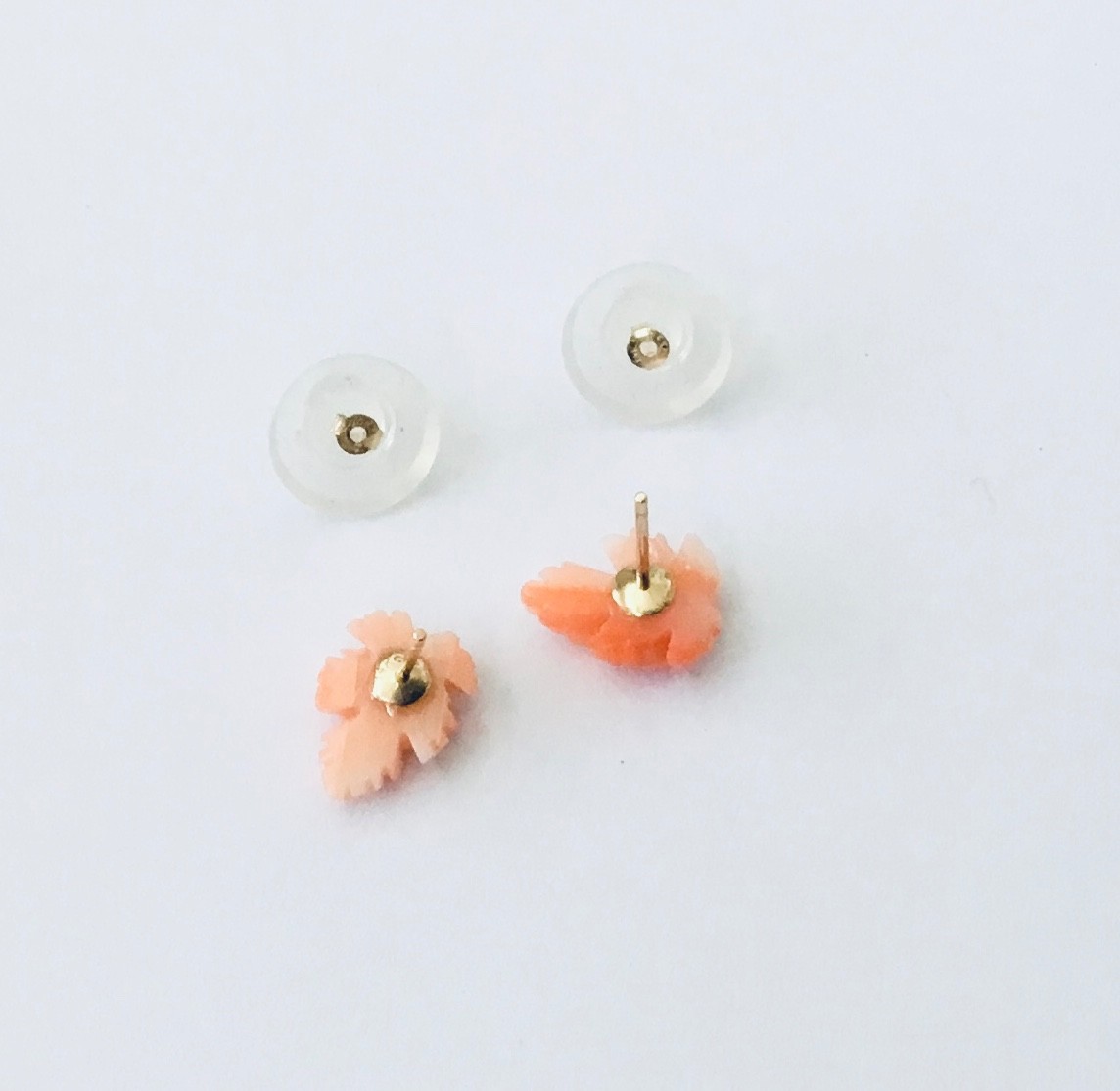 Solid 14K Gold Genuine Pink Coral Hand Carved Leaf Stud Earrings NEW