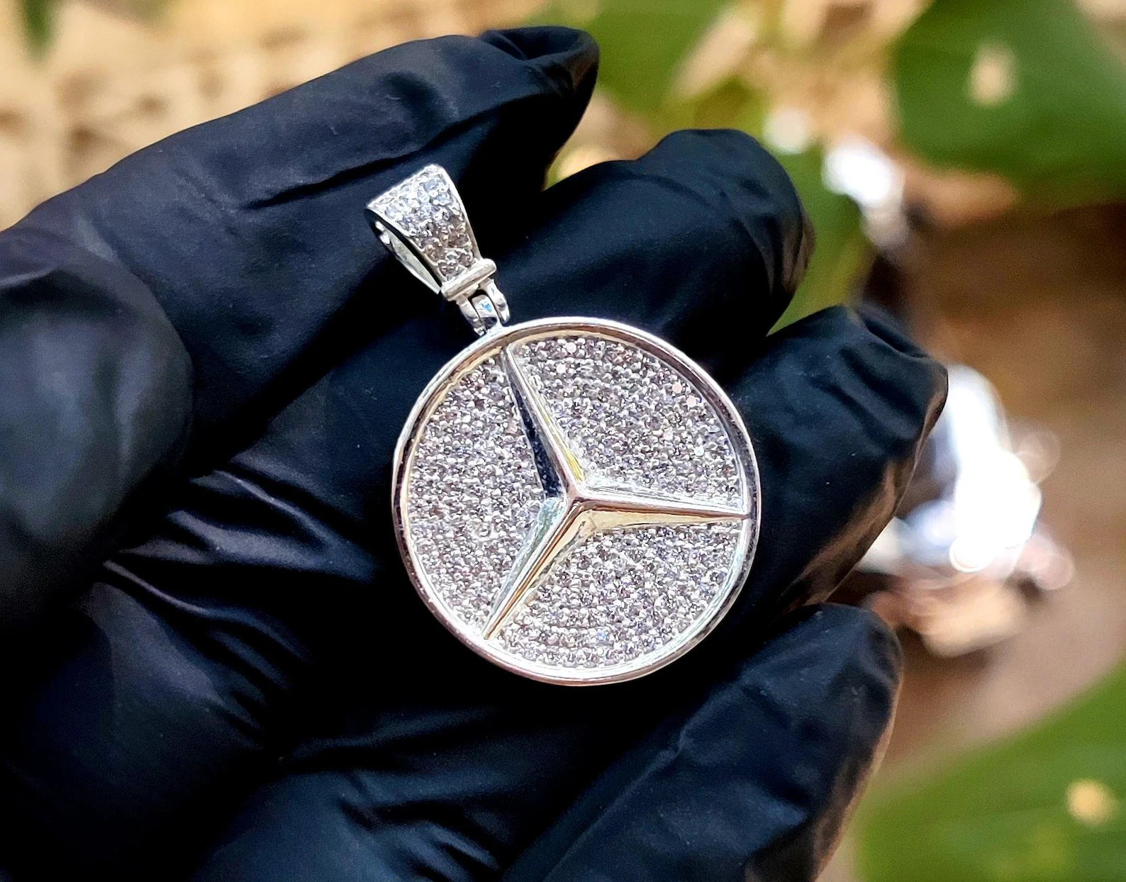 5Ct Round Cut Lab-Created Diamond Hip Hop Mercedes Pendant 14K White Gold Plated