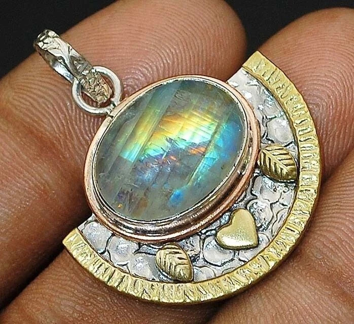 Three Tone Natural Color Changing Labradorite 925 Sterling Silver Pendant @10-8