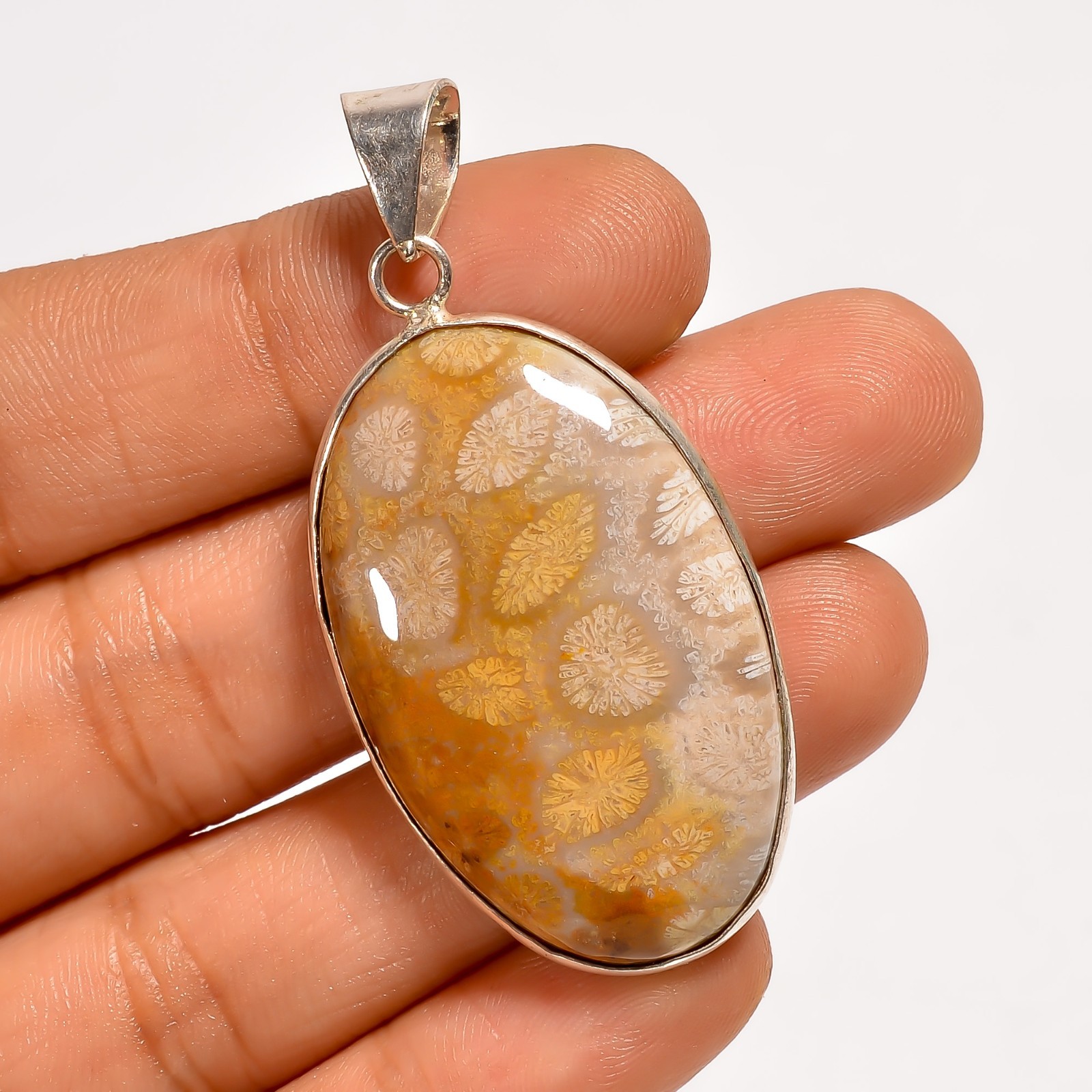 Trendy Natural Fossil Coral Gemstone 925 Sterling Silver Pendant 2″ Gift For Her