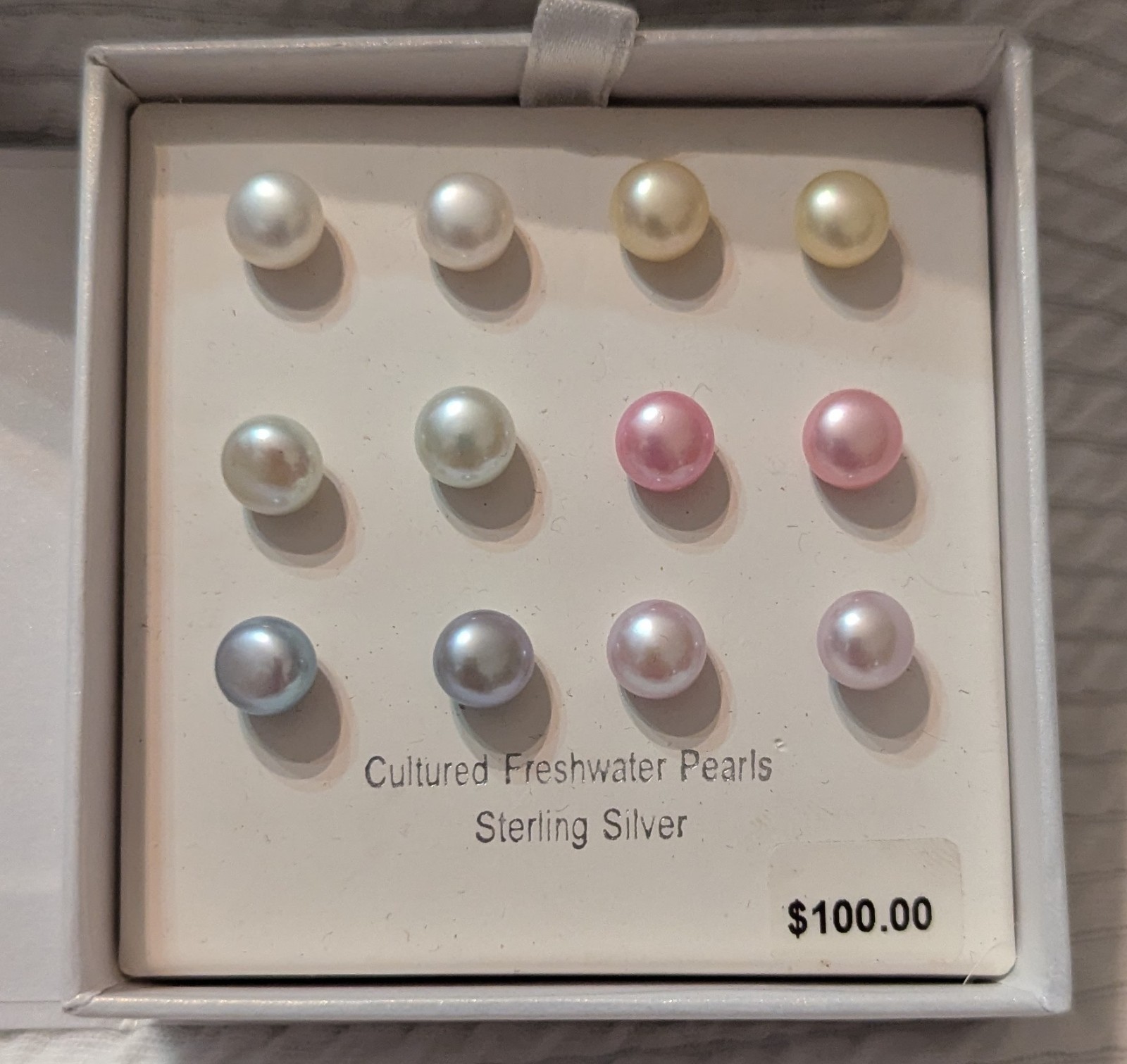 Pearlustre 6 Pair Cultured Pearls with Sterling Posts. Pastel Colors New in Box!