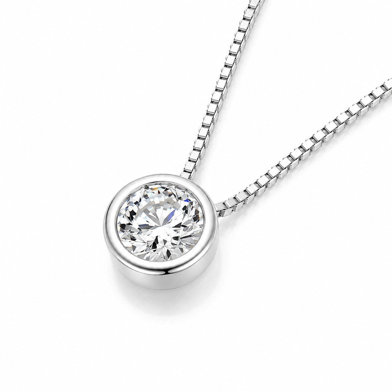 925 Sterling Silver Lab Created Diamond Round Bezel Pendant Necklace Women