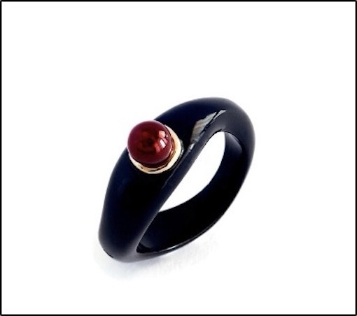 Handmade, Asymmetrical, Black -Enameled Silver Ring – Gold & Carnelian Stone