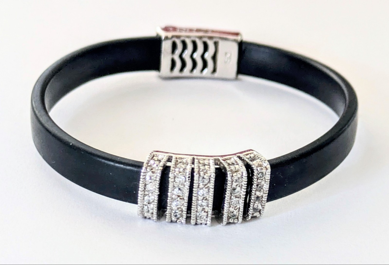 Sterling Silver C.Z. Slide Black Rubber 925 Bracelet Signed