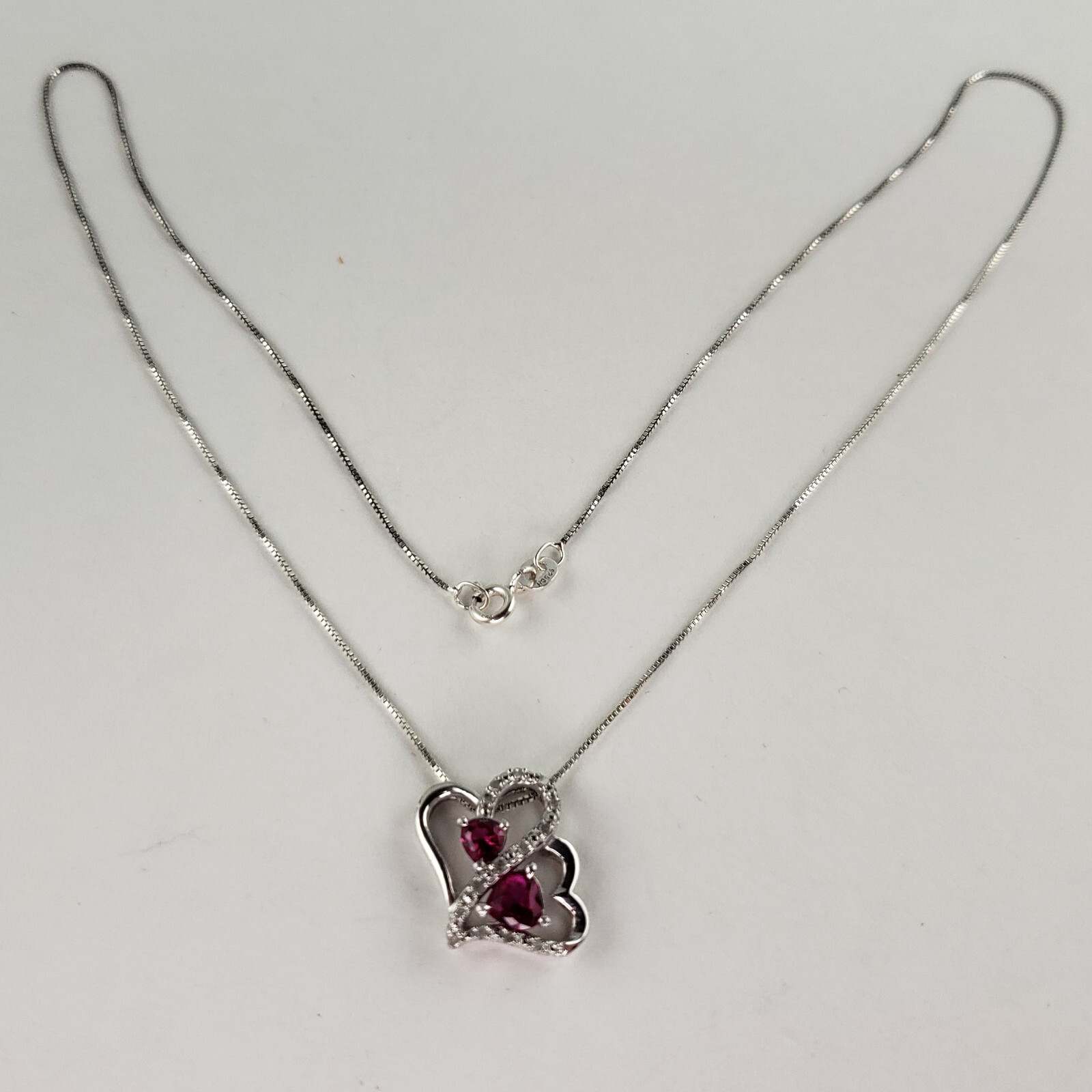 Sterling Silver Red Ruby & Diamond Pendant & 18-in Box Chain 3.2g [7064]
