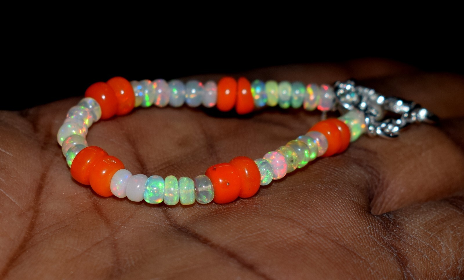 Solid 925 Sterling Silver Natural Ethiopian Opal Gemstone Beads 7″Bracelet N0272