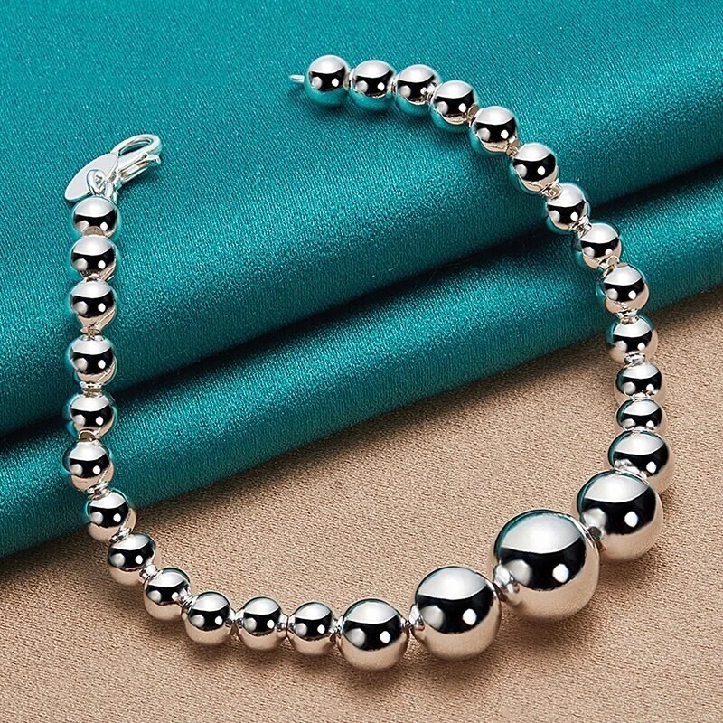 925 Sterling Silver Smooth Bead Ball Chain Bracelet 7.5” long lobster closure