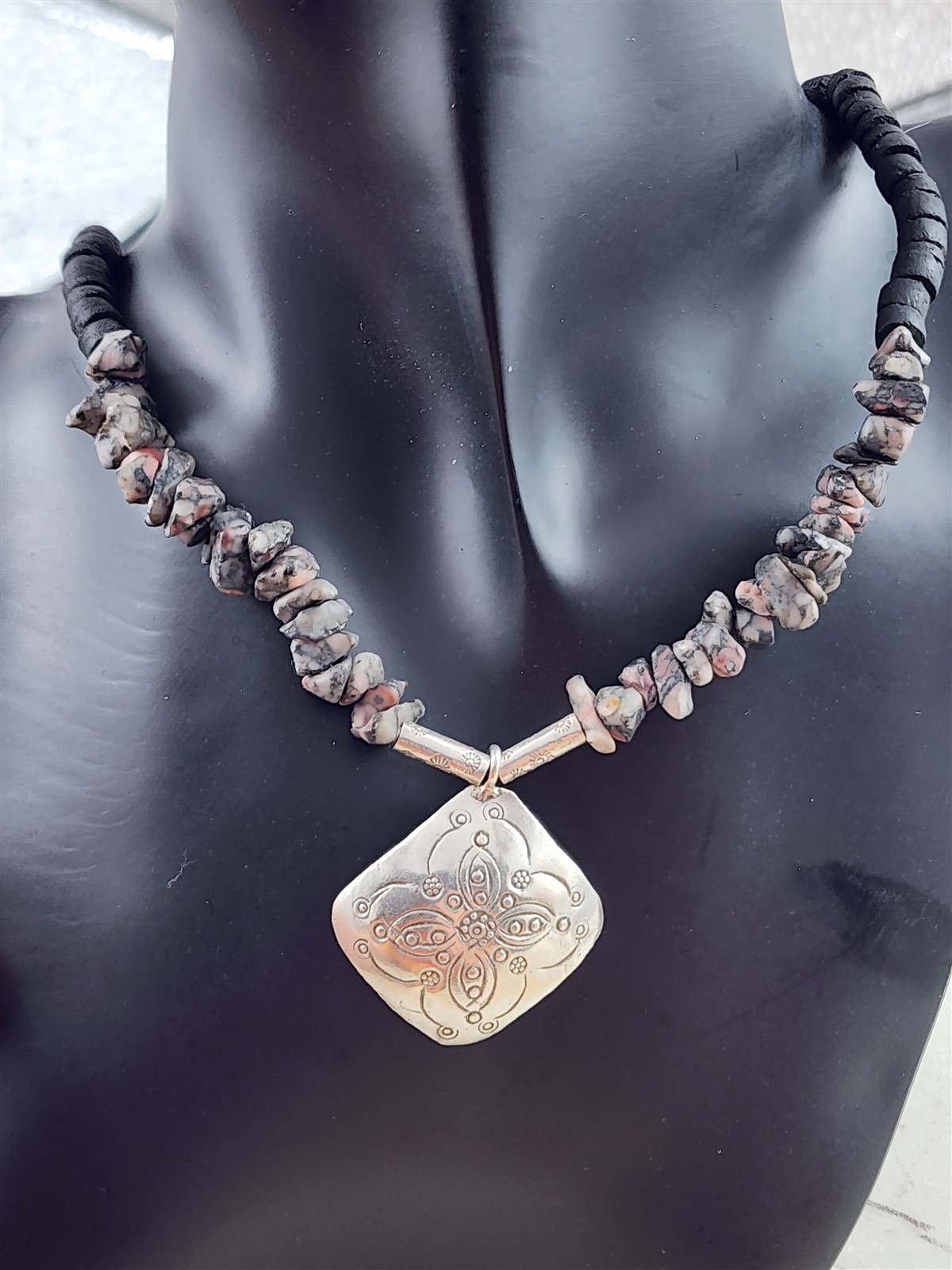 Vintage Sterling Silver Stone Beaded with Printed Pendant Necklace 19.4 Grams