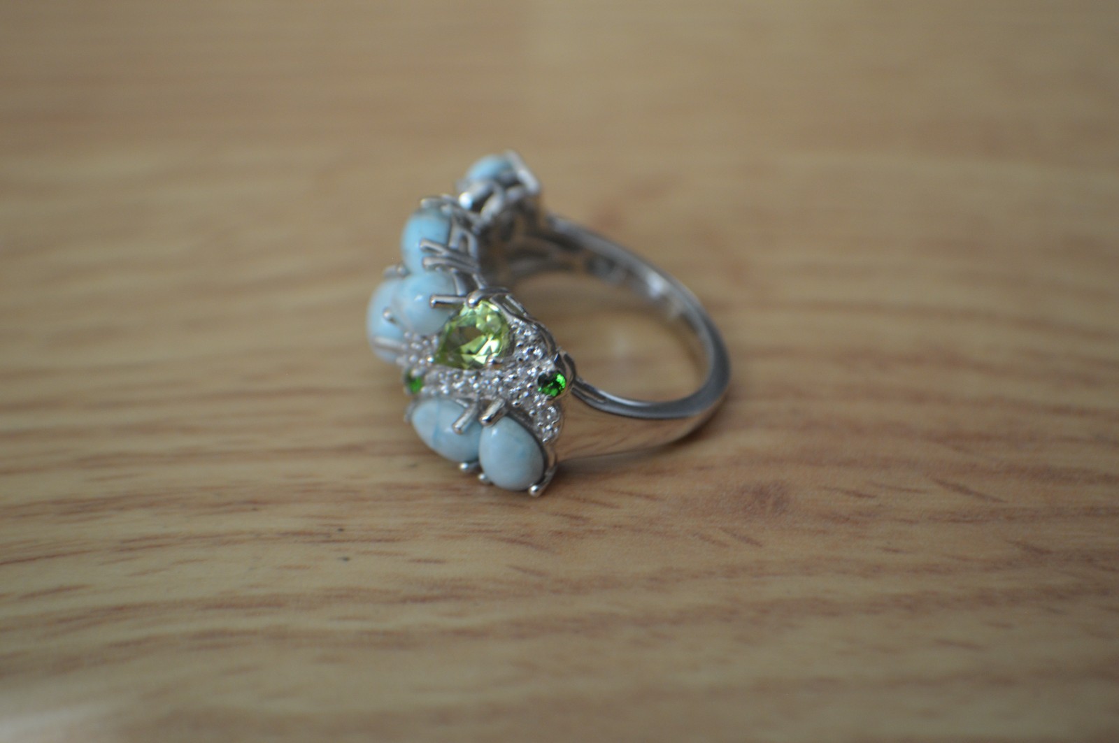 5.40ct Sky Blue Larimar /Multi Gemstone Ring Rhodium Plated over Fine Silver Sz7