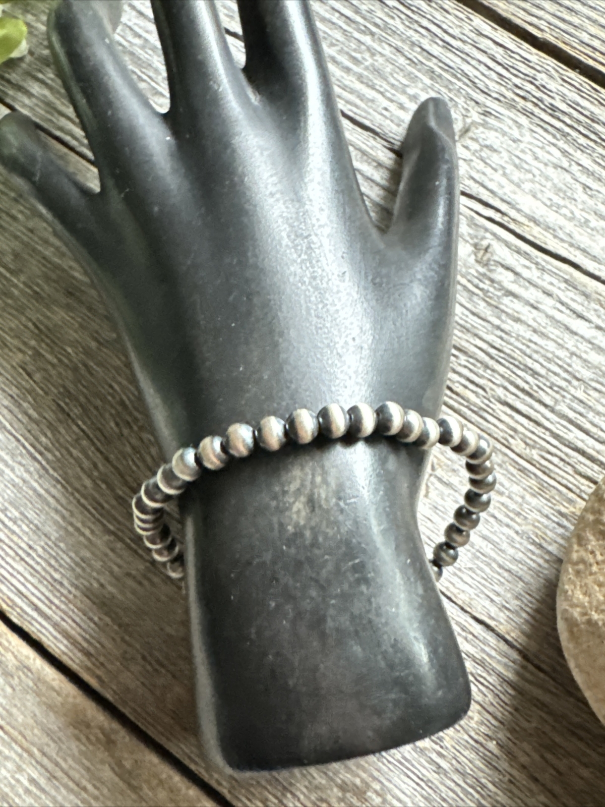 5mm 7 Inch Stretch Sterling Silver Oxidized Pearls Bead Bracelet Southwestern