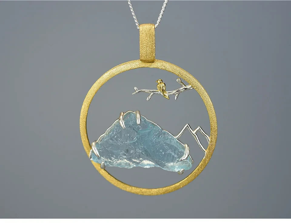 Natural Aquamarine Bird on Branch Handmade Pendant 925 Silver No Chain YG