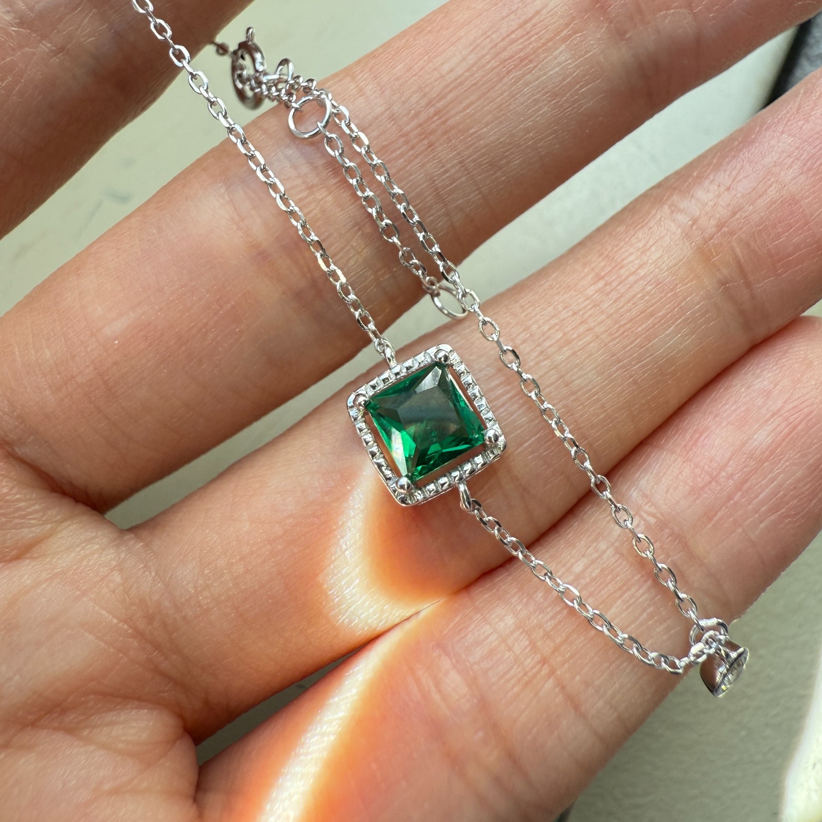 925 Sterling Silver Bracelet 5mm Natural Emerald Zircon Chain Handmade Cube Gift