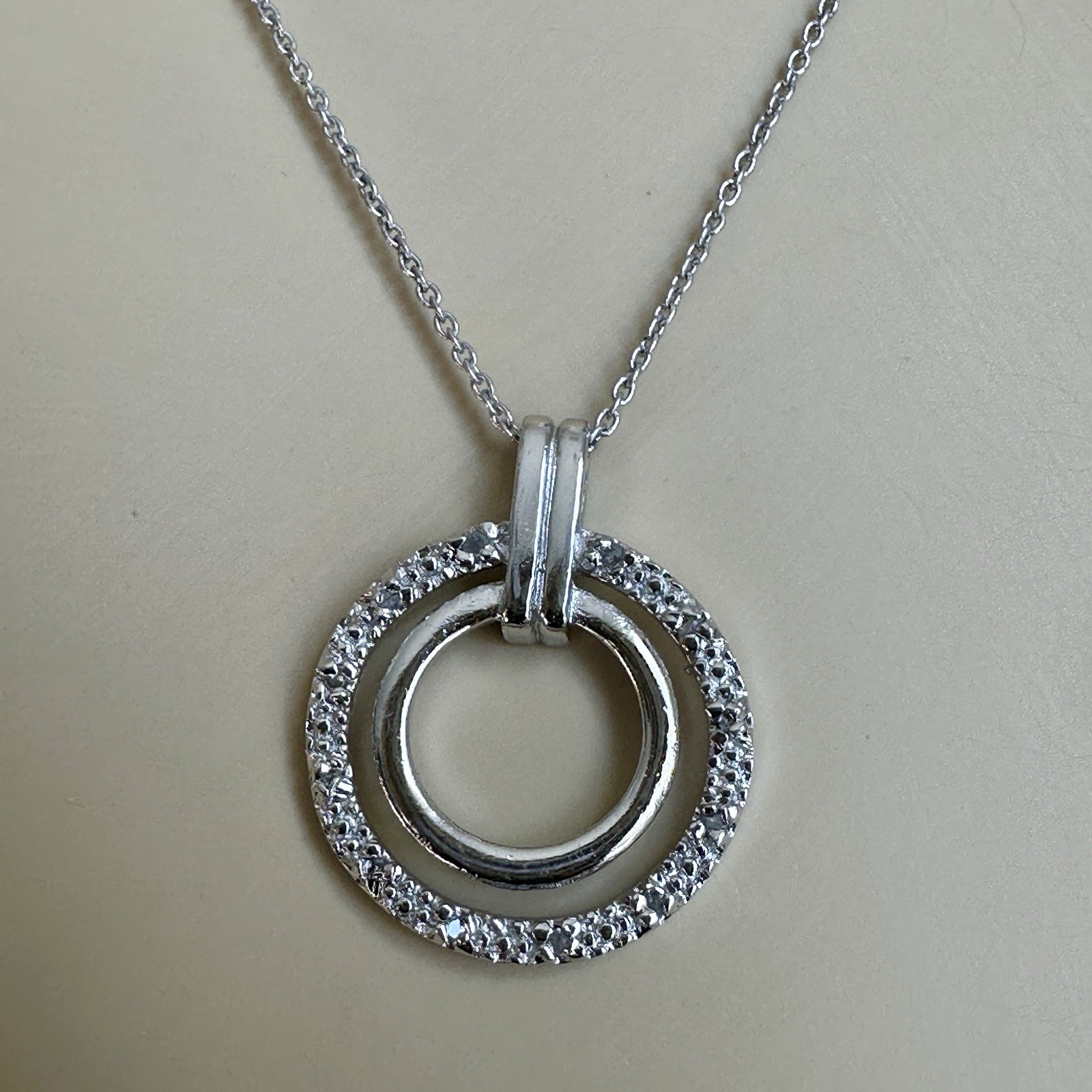 CW Italy Pendant Necklace 18 Inch Diamond 1/10 CTTW Double Ring Sterling 4.0g