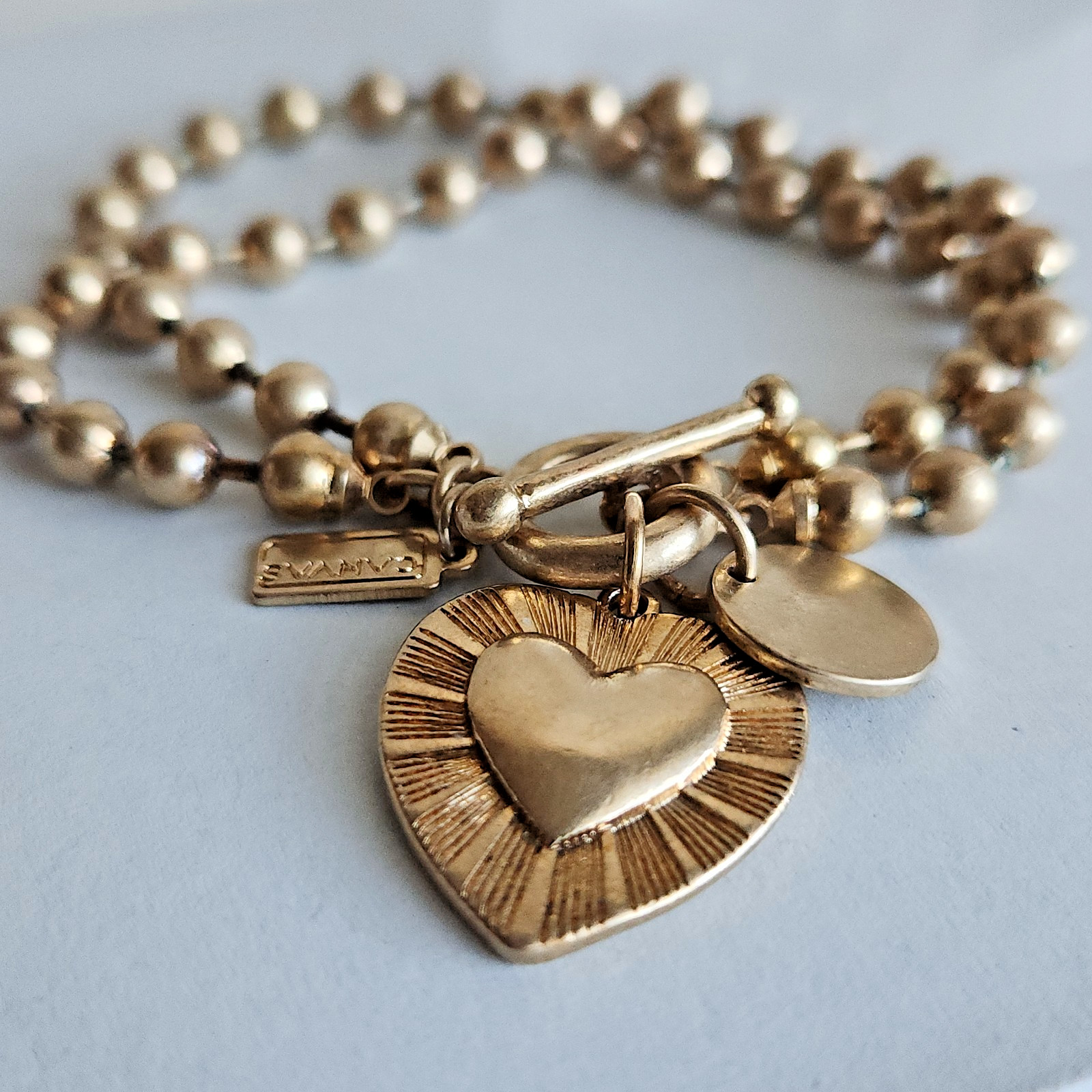 Canvas Gold-Tone Beaded Heart Charm Bracelet | Double Strand | 7″ Toggle Clasp
