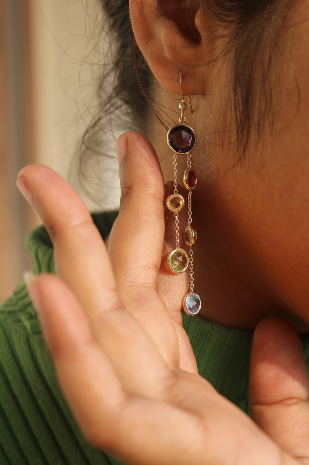 Natural Multi Gemstone Solid 14k Yellow Gold Drop Dangle Long Chain Earring