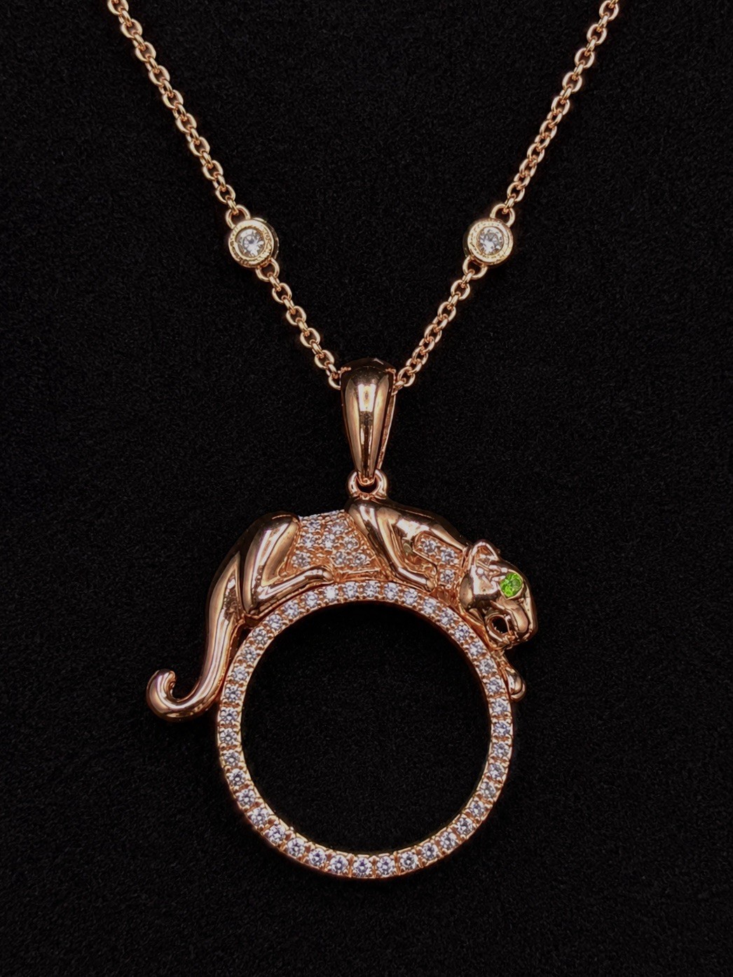 Signed Effy Signature 14K Rose Gold Diamond Panther Emerald Eye Necklace