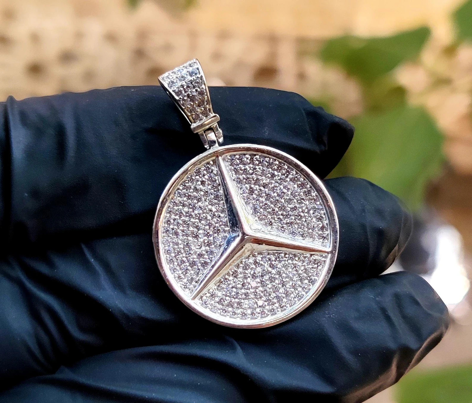 5Ct Round Cut Lab-Created Diamond Hip Hop Mercedes Pendant 14K White Gold Plated