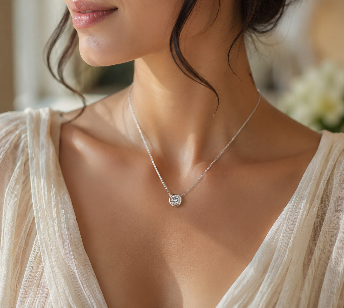925 Sterling Silver Lab Created Diamond Round Bezel Pendant Necklace Women