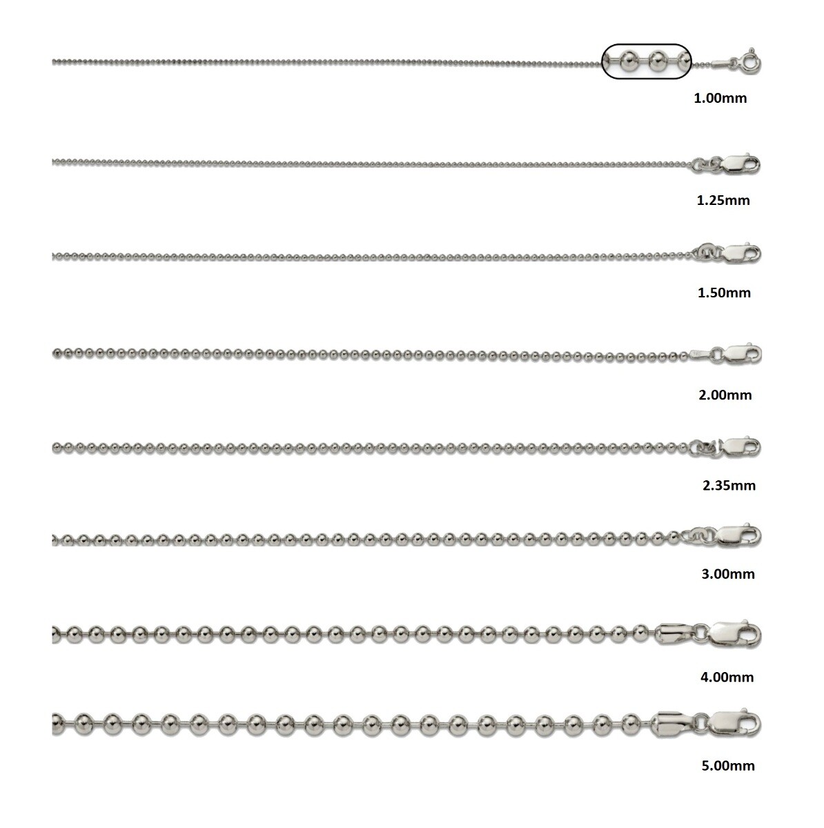 Sterling Silver Beaded Chain 16″, 18″, 20″, 22″, 24″ Inch Lengths