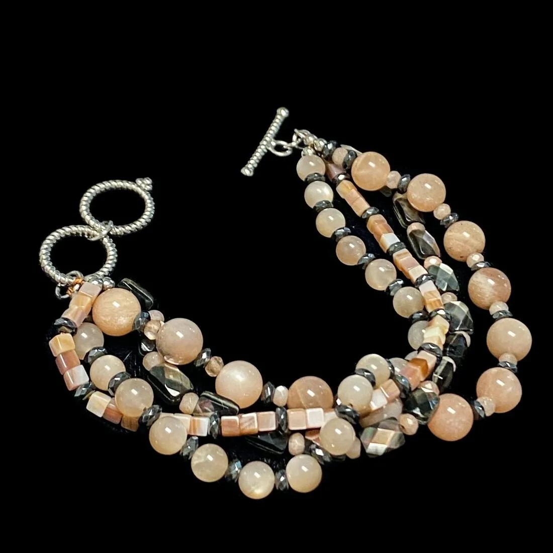 NEW Genuine Peach Moonstone & Mother of Pearl & Hematite Bracelet w Silver Clasp