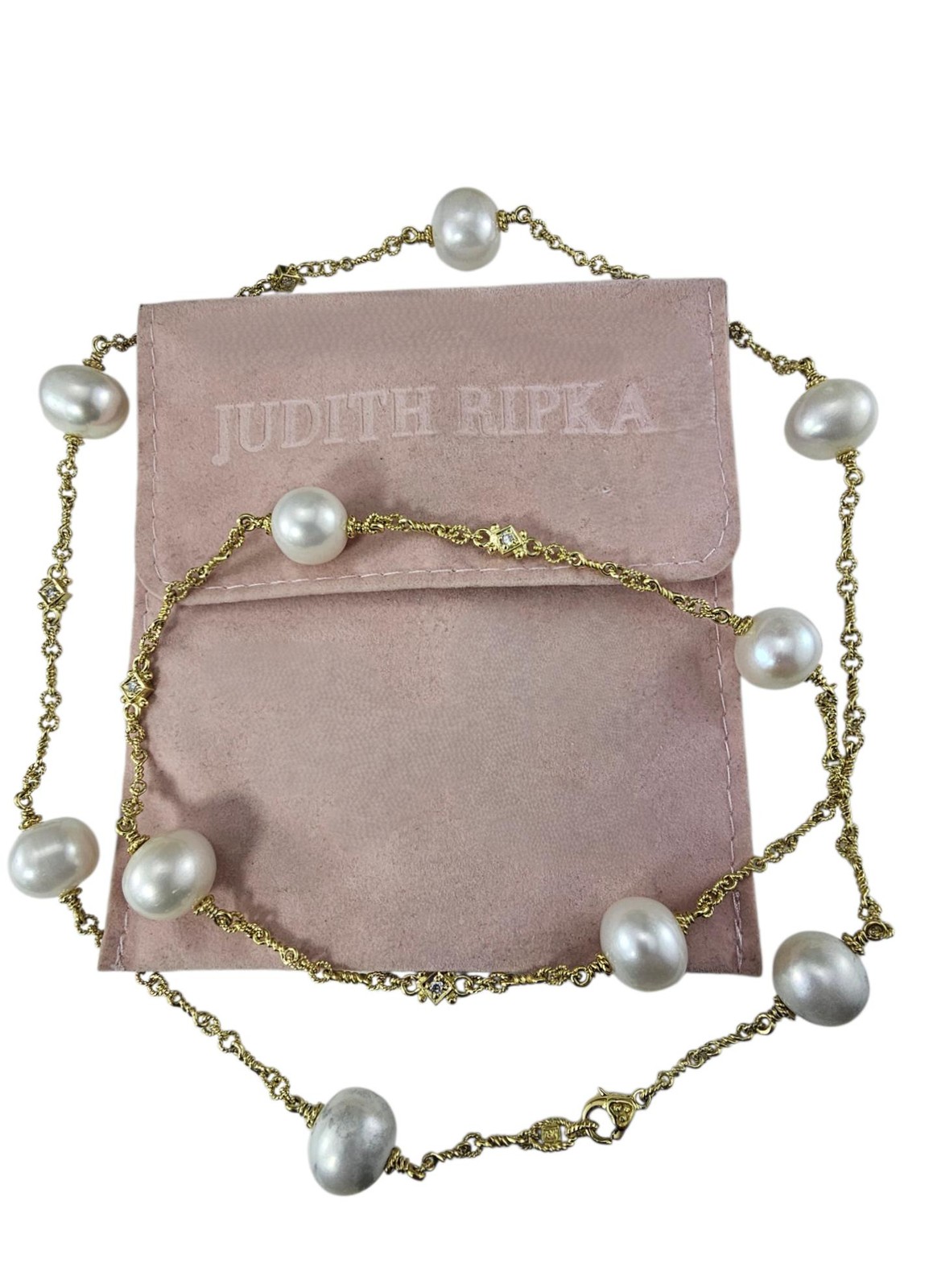 Judith Ripka 18K Yellow Gold Pearl Diamond Station Necklace w/Pouch 32″ #24613