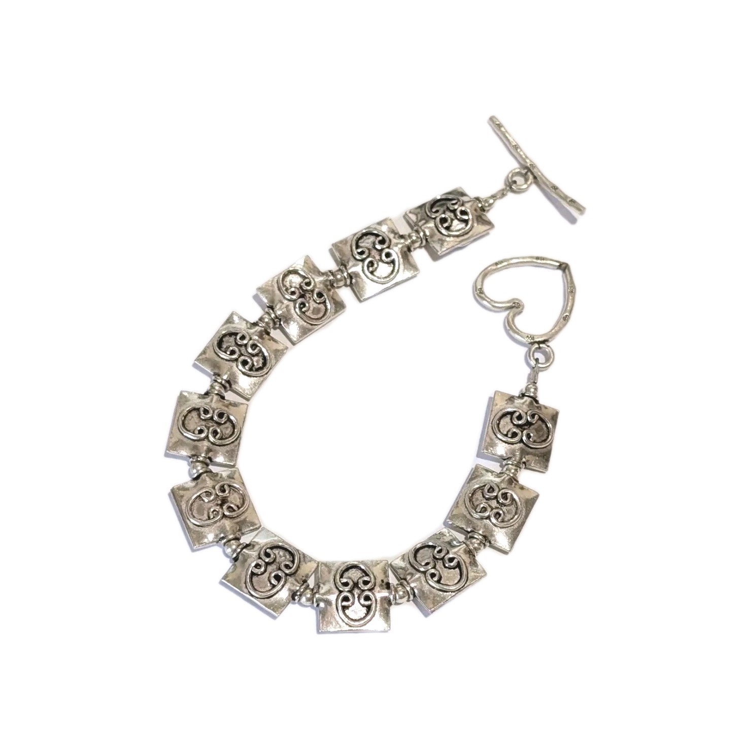 Solid Sterling Silver Heart Scroll Square Charm 8.25″ Toggle Bracelet 27 Grams
