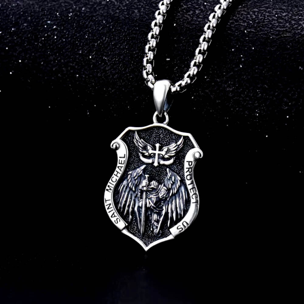 MLD 925 Sterling Silver Saint St Michael Shield Pendant Necklace – 22″ Chain