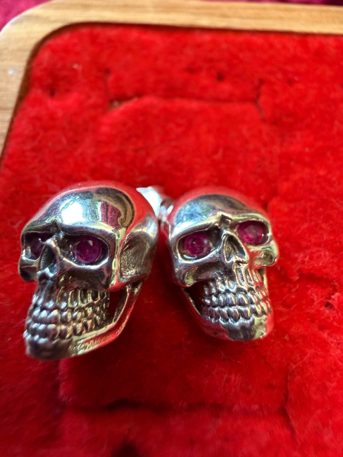Sterling Silver Skull Post Back Earrings Ruby Red Eyes 1cm.
