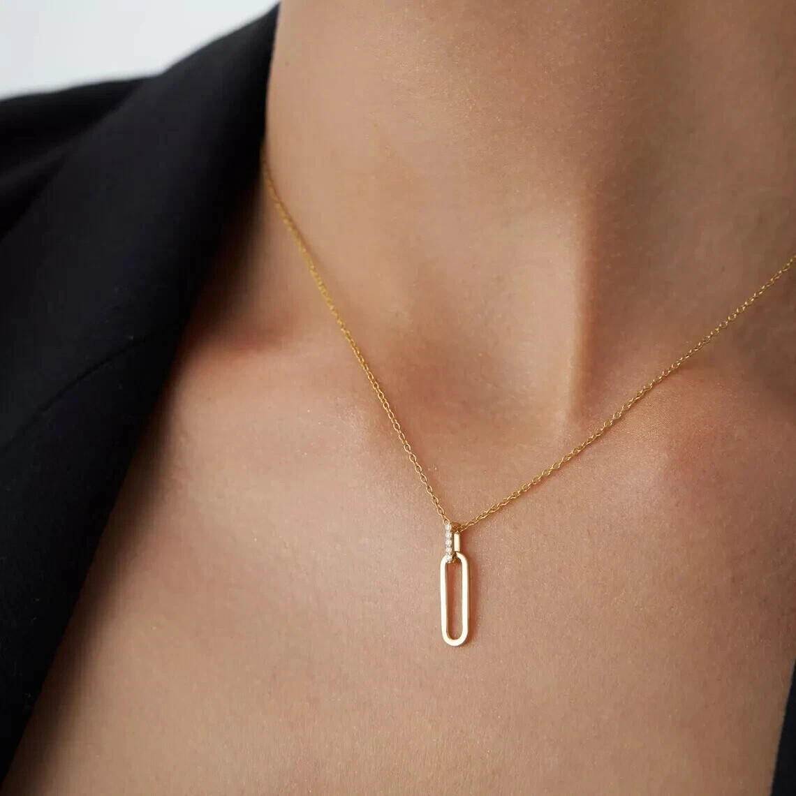 1Ct Round Cut Real Moissanite Minimal Paper Clip Necklace 14K Yellow Gold Plated