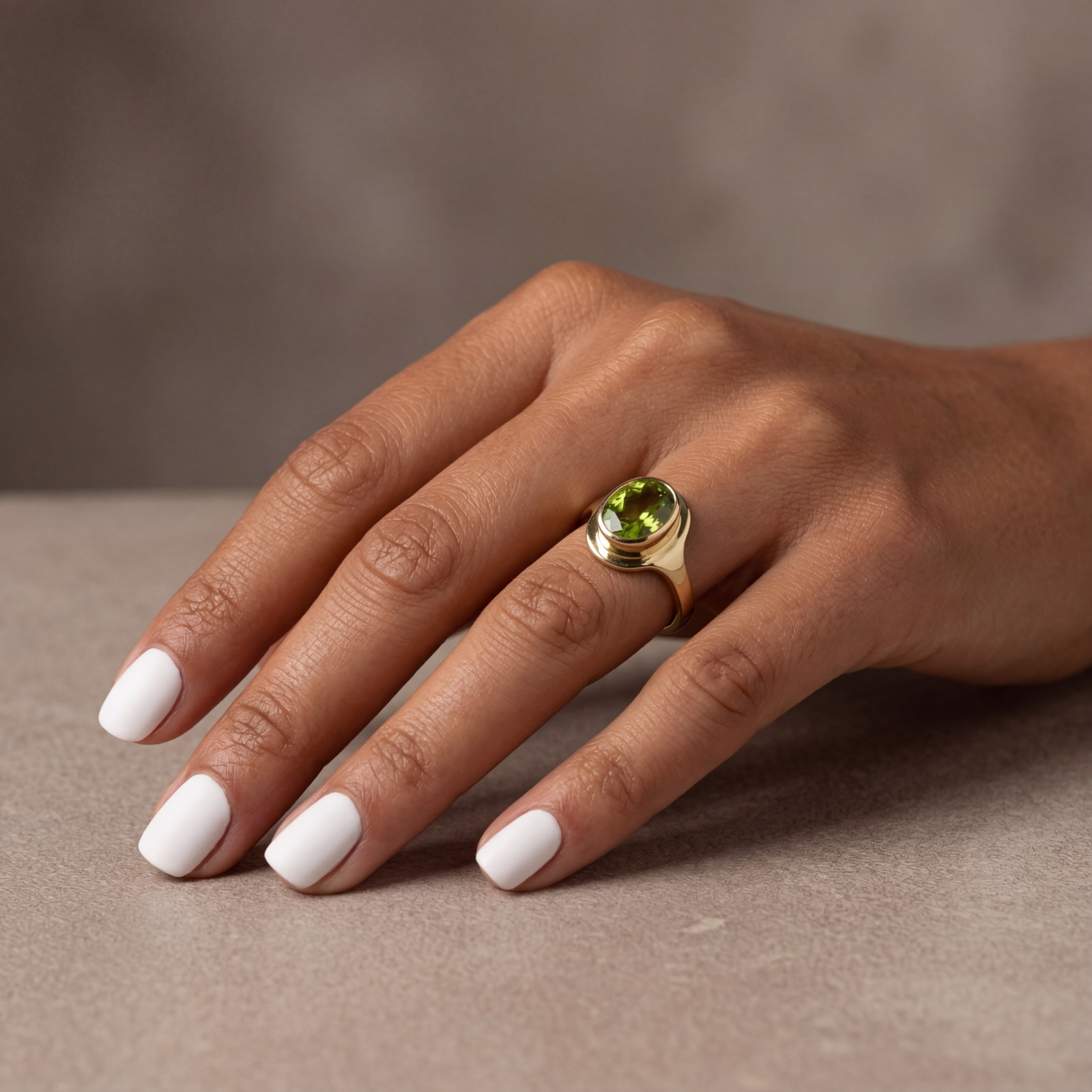 Oval Peridot 2.5ct Solid Gold 14K Bezel Engagement Ring August Statement Signet