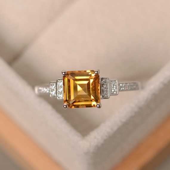 1.95 Ct Princess Cut Natural Citrine Diamond Proposal Ring 14K White Gold Size 8