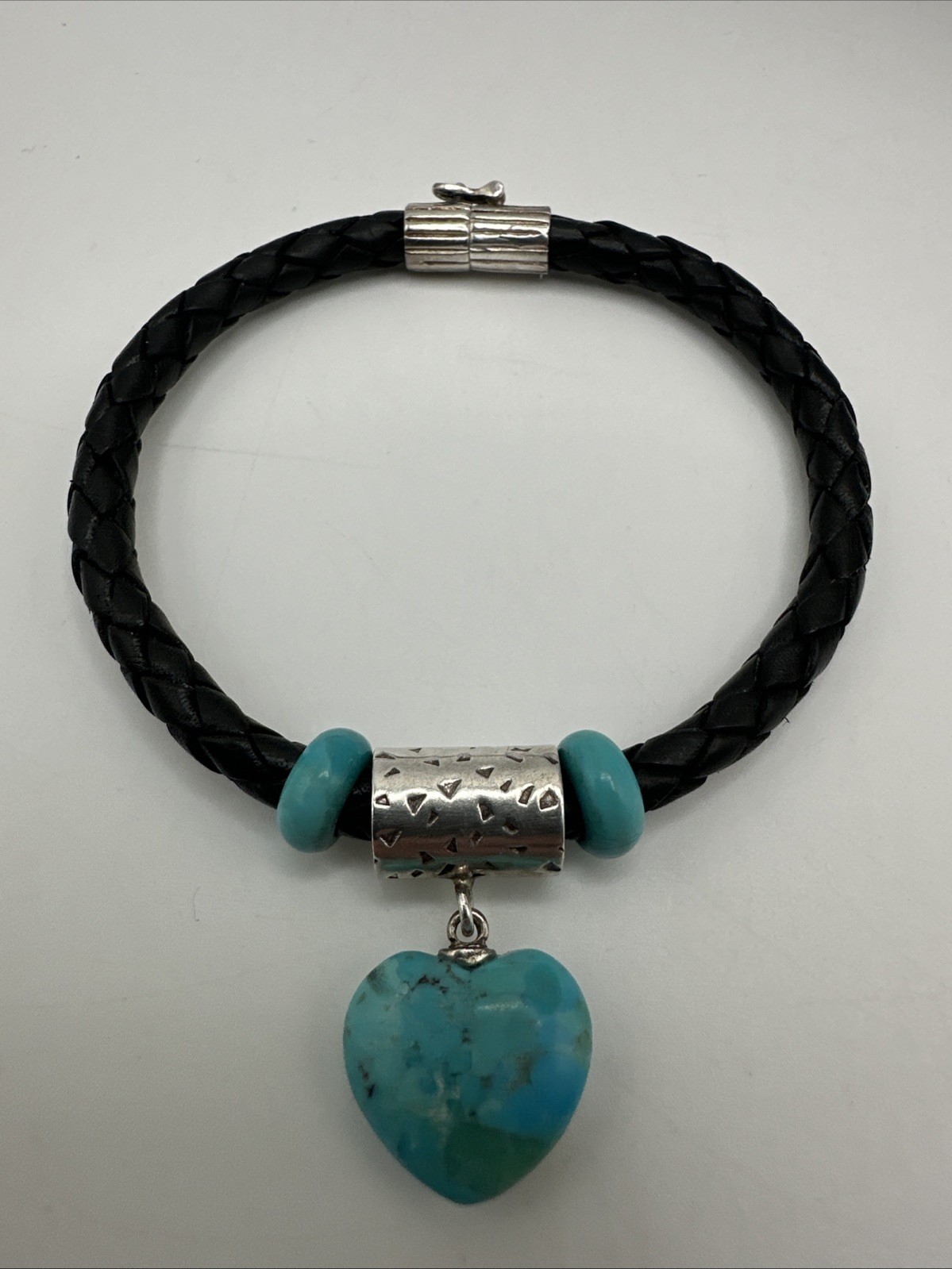 Jay King Black Leather Natural Turquoise Sterling Silver Heart Charm Bracelet