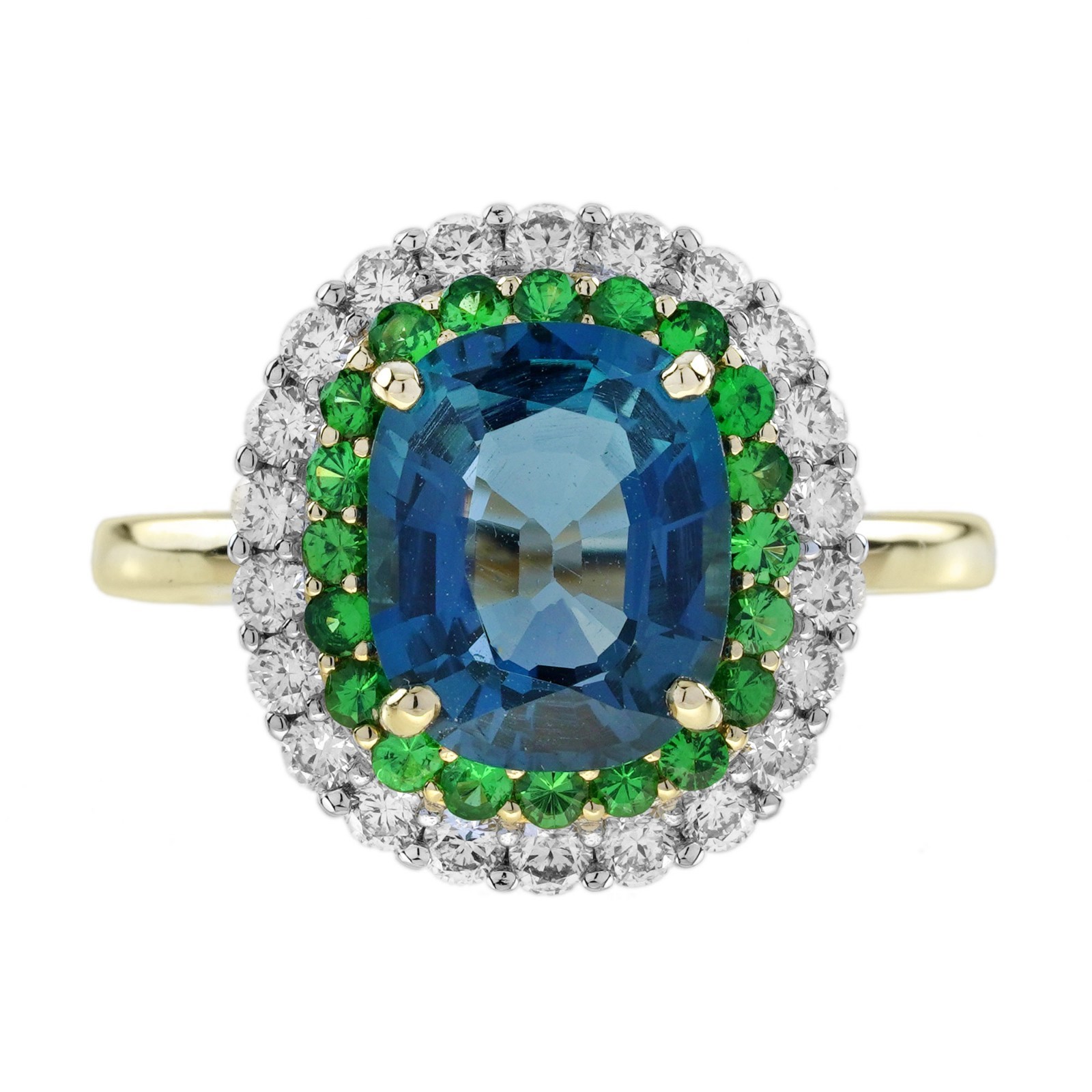 18K Yellow Gold Natural London Blue Topaz Tsavorite and Diamond Double Halo Ring
