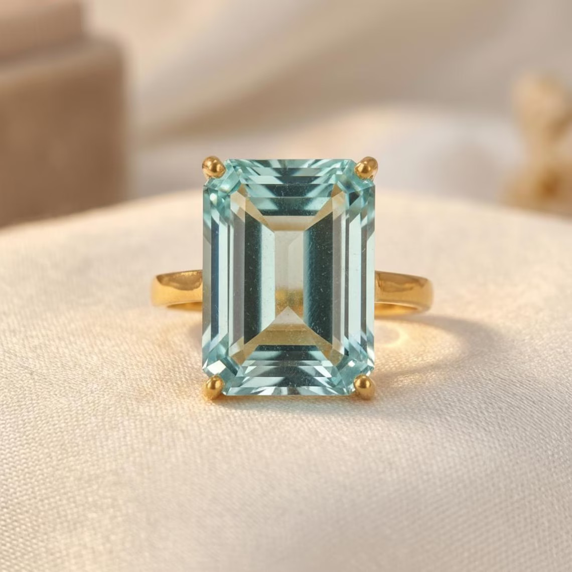 Large Aquamarine Ring, Emerald Cut 12 x 16 VREATED Ring, 14K Gold Statement